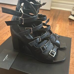 Black YSL buckle sandal booties